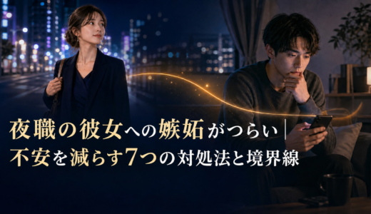 夜の街へ仕事に向かう女性と、自宅でスマートフォンを見ながら嫉妬や不安を抱える男性