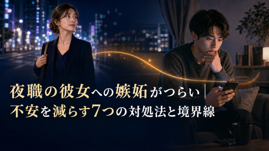 夜の街へ仕事に向かう女性と、自宅でスマートフォンを見ながら嫉妬や不安を抱える男性