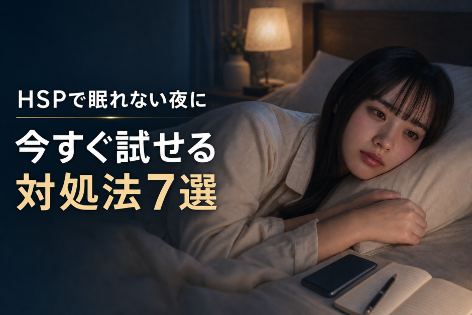 眠れない夜にベッドで考え込むHSPの女性と「今すぐ試せる対処法7選」の文字
