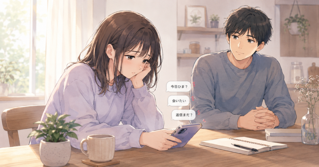 休日にも「今日ひま?」「会いたい」「返信まだ?」というLINEが届き、疲れた表情を見せる夜職の女性と心配する男性