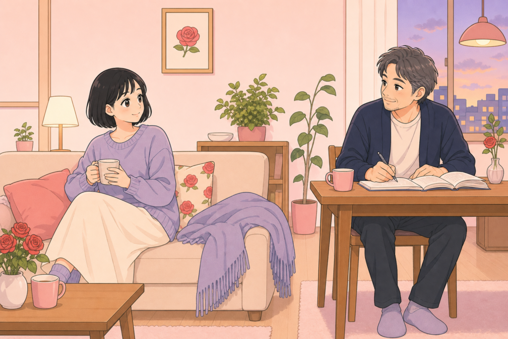 同じ部屋でそれぞれの時間を過ごしながら、穏やかに見つめ合うカップルのイラスト