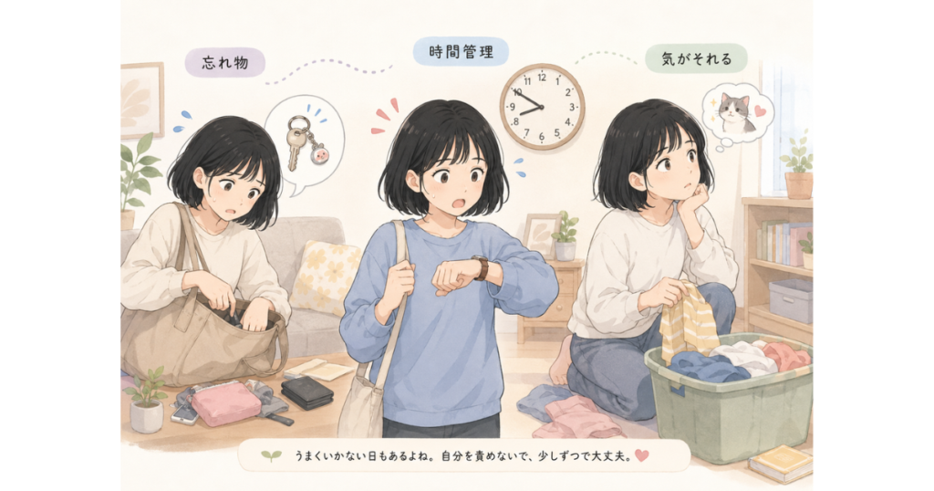 黒髪ボブの女性が鍵を探し、時計を見て焦り、片づけ中に気がそれている様子を描いた挿絵