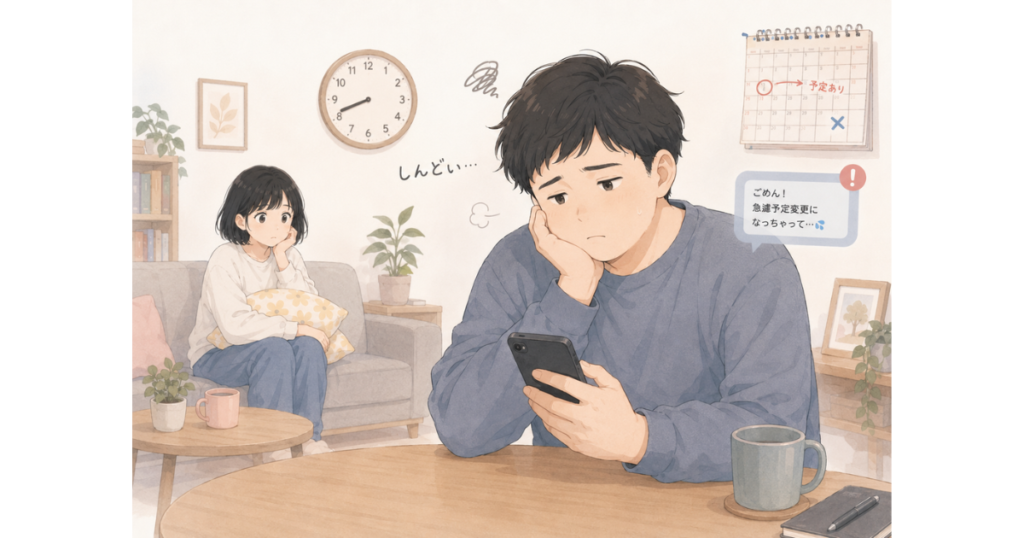 スマホを見ながら疲れた表情をしている男性と、予定変更や遅刻を連想させる時計やカレンダーが描かれた挿絵