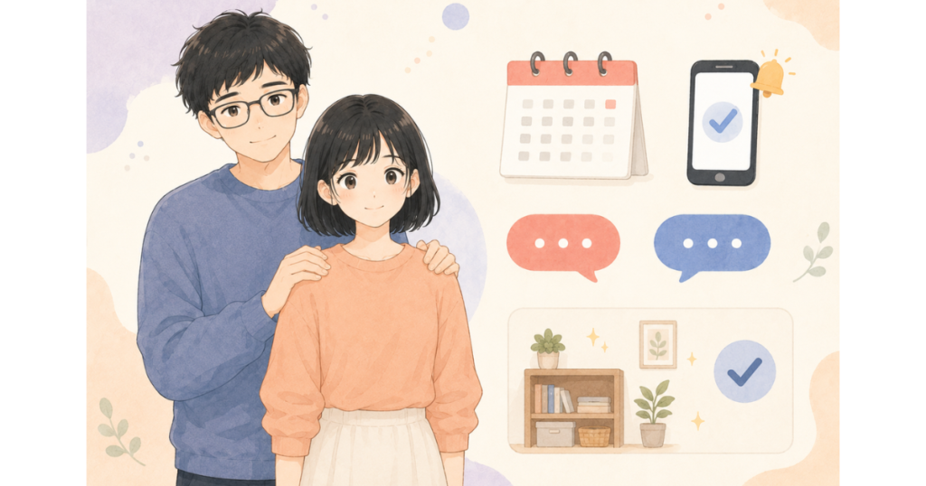 男性が女性をやさしく支えながら、女性がチェックリストやカレンダーを見て一緒に工夫している挿絵