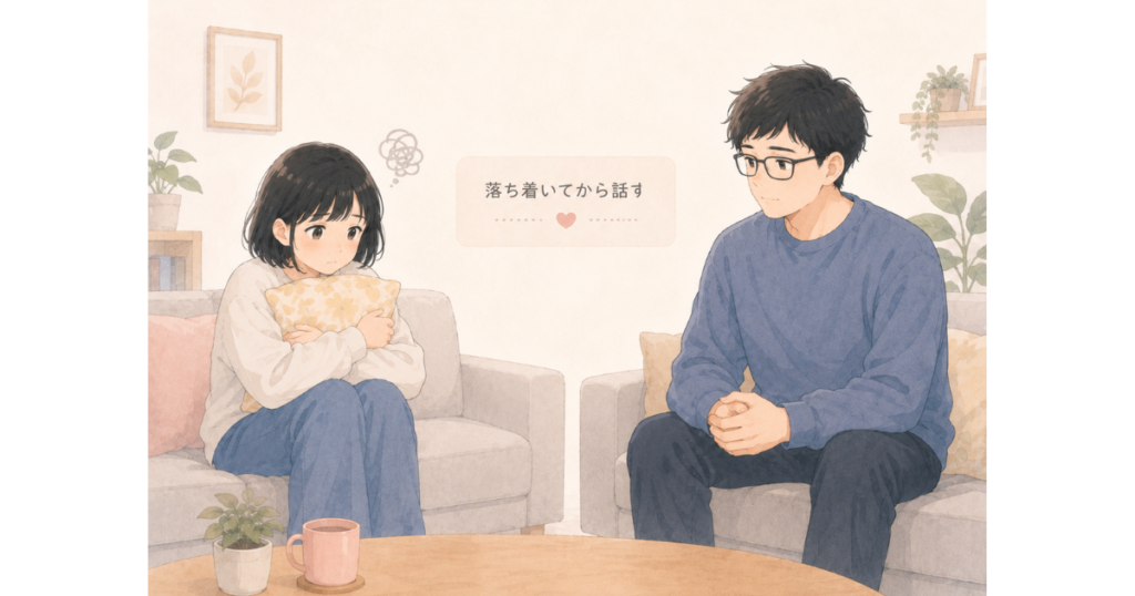 少し感情的な女性と、落ち着いた表情で少し距離を取りながら向き合う男性を描いた挿絵