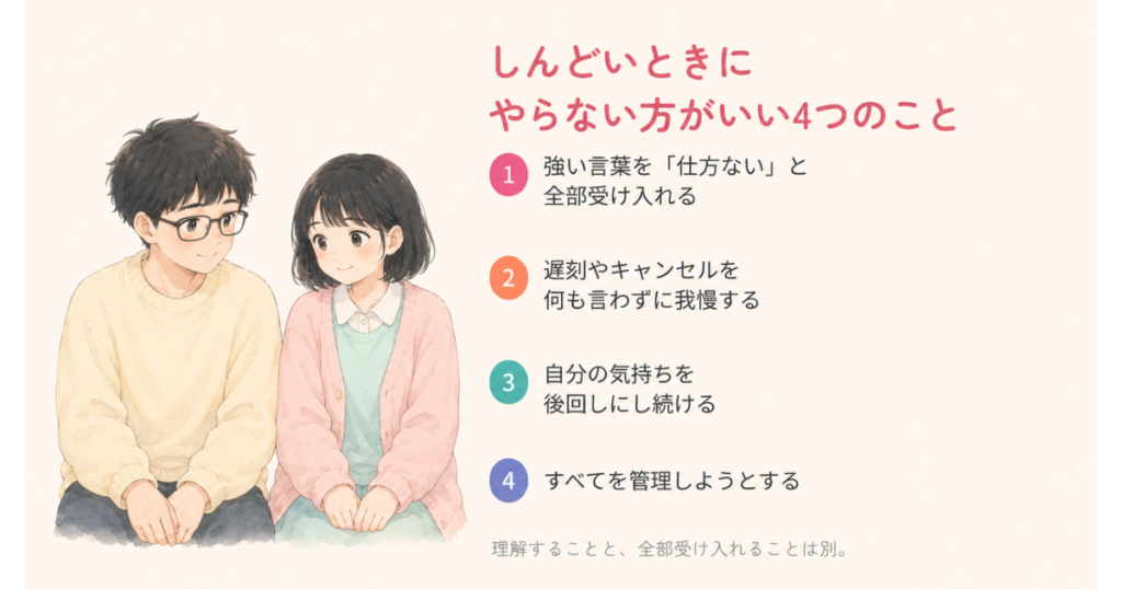 眼鏡の男性と黒髪ボブの女性の横に、しんどいときにやらない方がいい4つの行動をまとめたイラスト