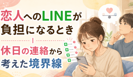 休日の連絡が負担になっている様子を描いたアイキャッチ画像。スマホを見て悩む女性と、後ろで距離感について考える男性が描かれている。