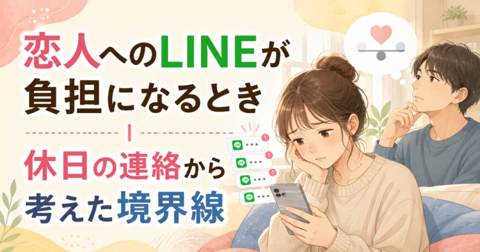 休日の連絡が負担になっている様子を描いたアイキャッチ画像。スマホを見て悩む女性と、後ろで距離感について考える男性が描かれている。