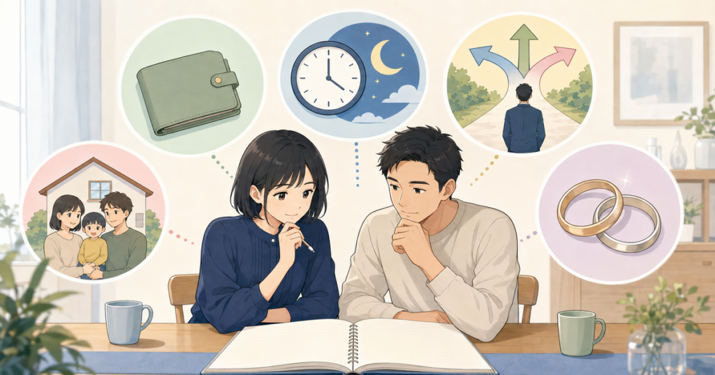ノートを広げたカップルと、家計、生活時間、働き方、家庭、結婚を表す5つのイラスト