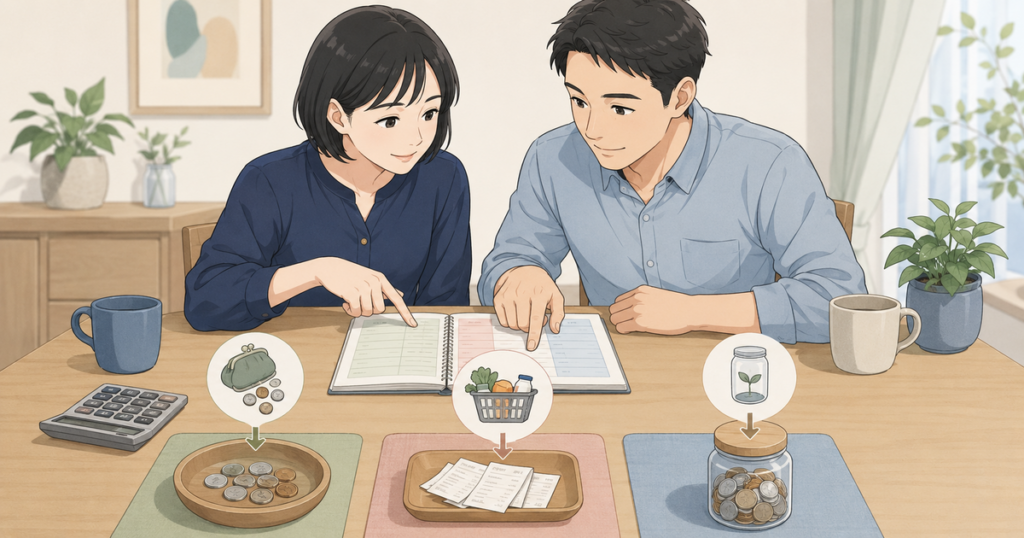 家計簿を見ながら生活費や支出、貯蓄について話し合うカップル