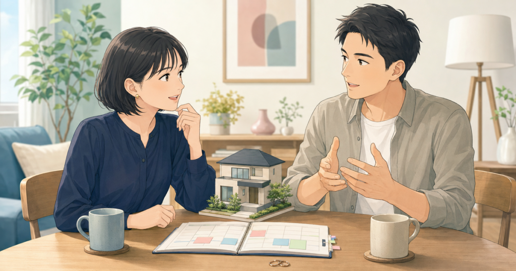 住宅模型と予定表を前に、結婚後の住まいや生活設計について話し合うカップル