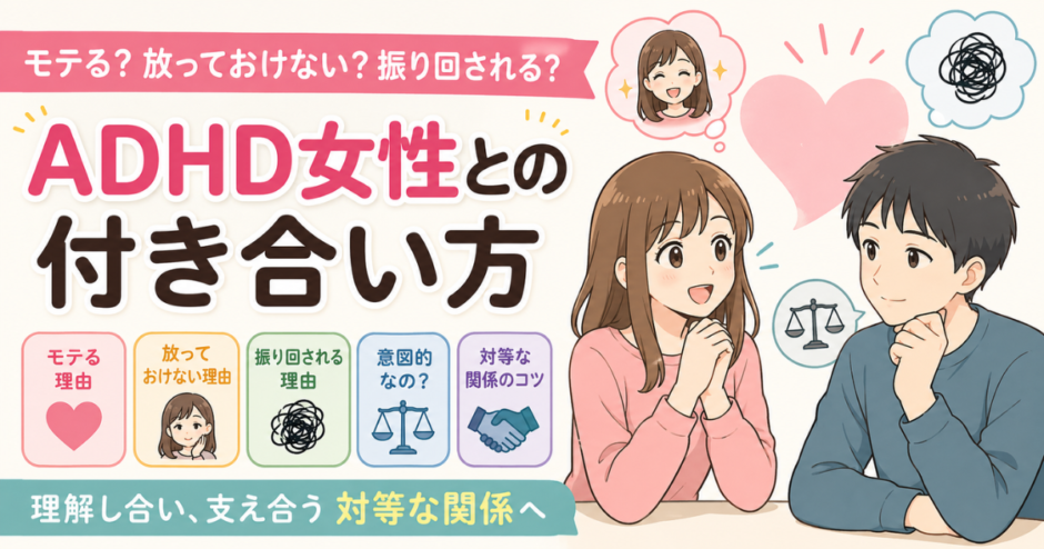 ADHD女性がモテる理由や放っておけない理由、振り回される背景、対等な付き合い方を表した男女のイラスト