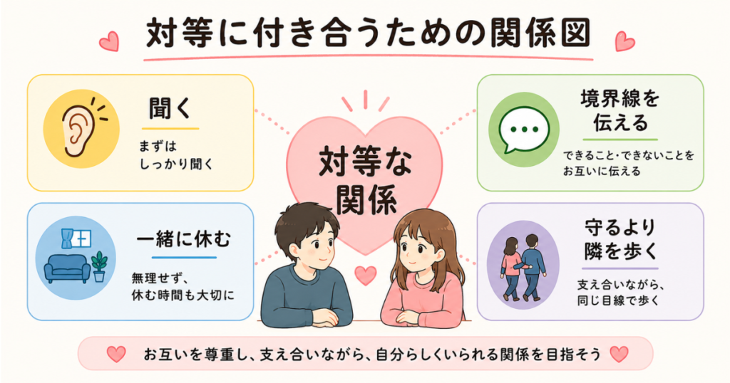 対等な関係を中心に、相手の話を聞く、境界線を伝える、一緒に休む、守るより隣を歩くという4つの付き合い方を示した図解