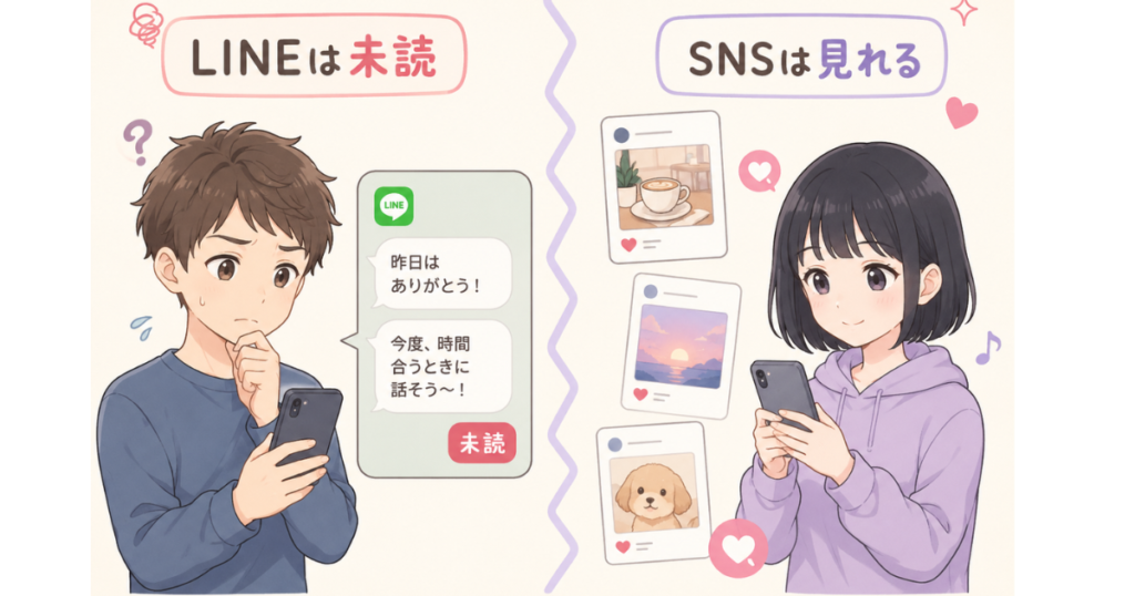 LINEは未読のままなのにSNSは見られる彼女と、不安そうにスマホを見つめる彼氏のイラスト
