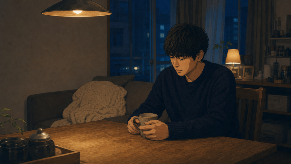 静かな部屋で一人座り込み、疲れた表情を見せる男性を描いた映画風の実写画像
