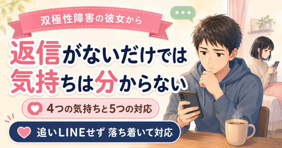 双極性障害の彼女からLINEの返信がなく、スマートフォンを見ながら悩む男性と黒髪ボブの女性