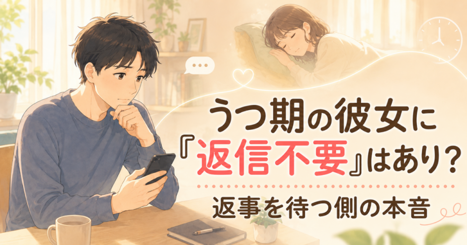 うつ期の彼女に「返信不要」とLINEを送り、スマートフォンを見ながら返事を待つ男性と、遠くで休んでいる彼女を描いたイラスト。