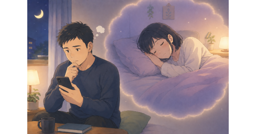 夜にスマートフォンを見ながら返事を待つ男性と、離れた部屋で静かに休む女性を思い浮かべている場面のイラスト。