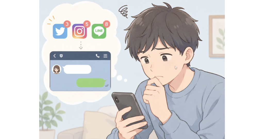 双極性障害の彼女がSNSだけ更新しているのにLINEが来ず、不安を感じながらスマホを見る男性の挿絵