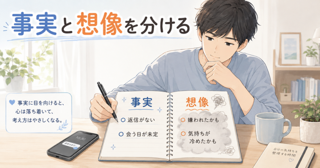 男性がノートに返信がないという事実と、嫌われたかもしれないという想像を分けて書いている様子