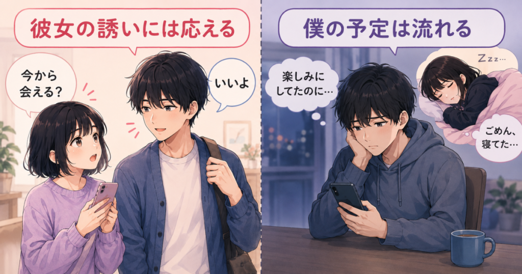 双極性障害の彼女の誘いには応える一方、自分の約束が流れて甘えではないかと悩む男性