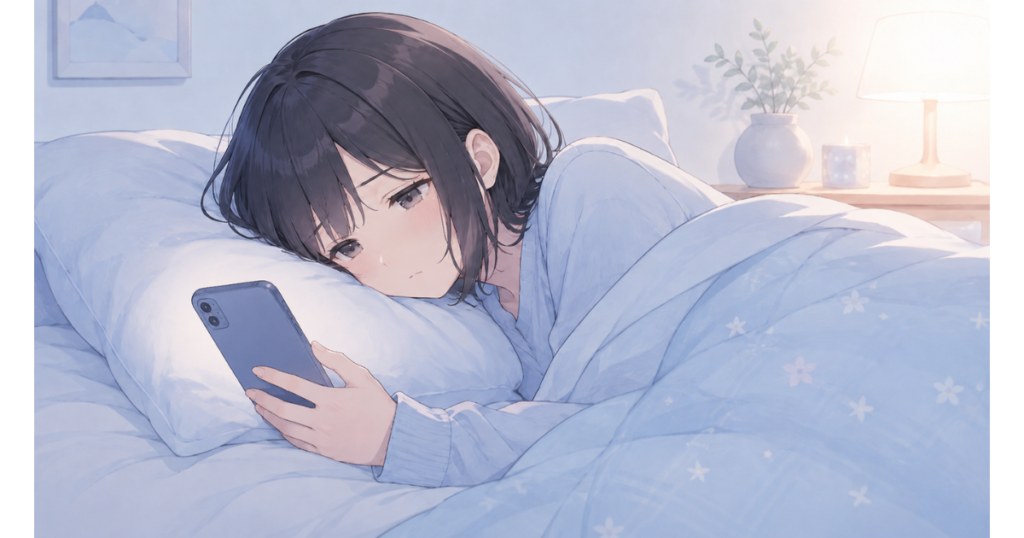 スマートフォンを持ちながらLINEを返信できずにベッドで休んでいる女性