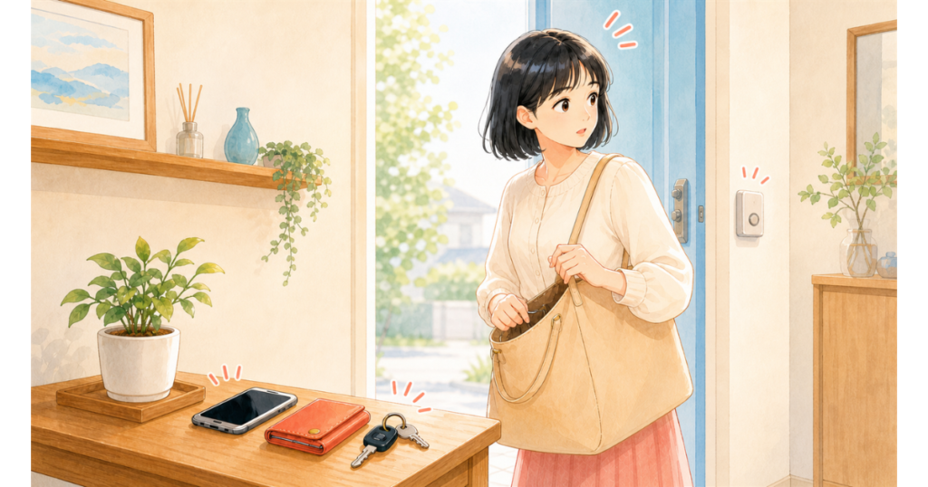 外出準備中にスマホと財布を置き忘れそうになる黒髪ボブの女性