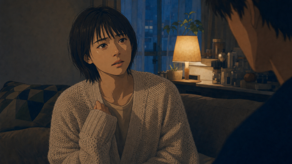感情をこらえきれないような表情を浮かべる女性を描いた映画風の実写画像