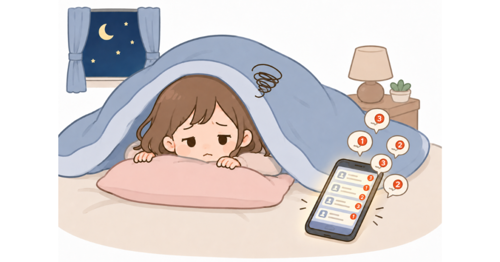 布団の中で不安そうにしている女性のそばに、通知がたくさん届いたスマホが置かれているイラスト