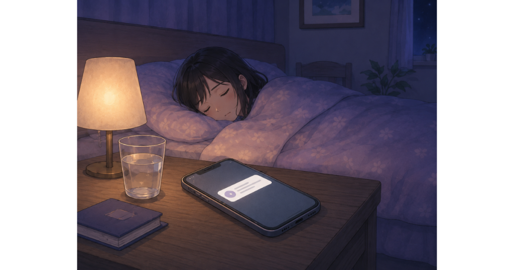 夜の寝室で眠る女性と、枕元のテーブルに置かれた通知を表示しているスマートフォンを描いたイラスト。
