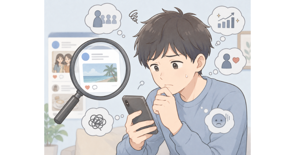 彼女のSNS投稿を自分へのメッセージとして深読みしすぎ、不安になっている男性の挿絵