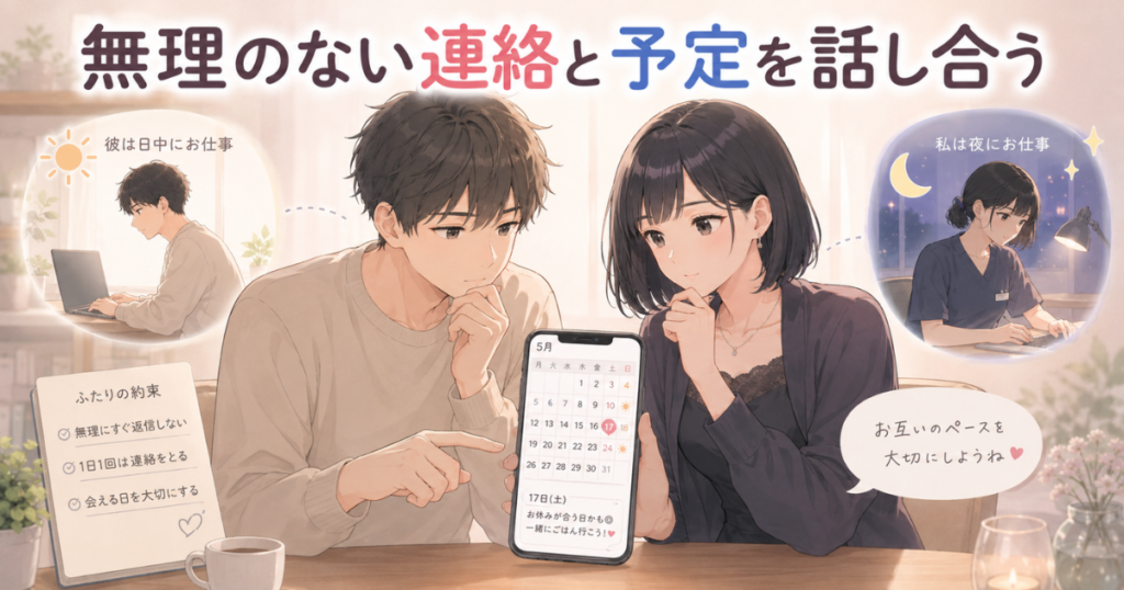 生活時間の違う男女がスマートフォンのカレンダーを見ながら、次に会える日を相談している様子