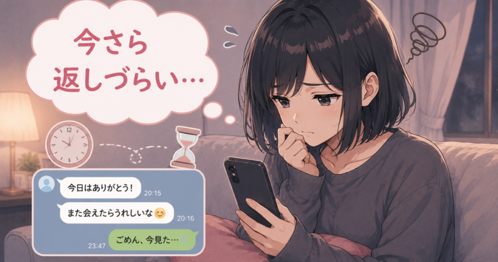 返信が遅れたLINEを見ながら申し訳なさそうに悩む女性