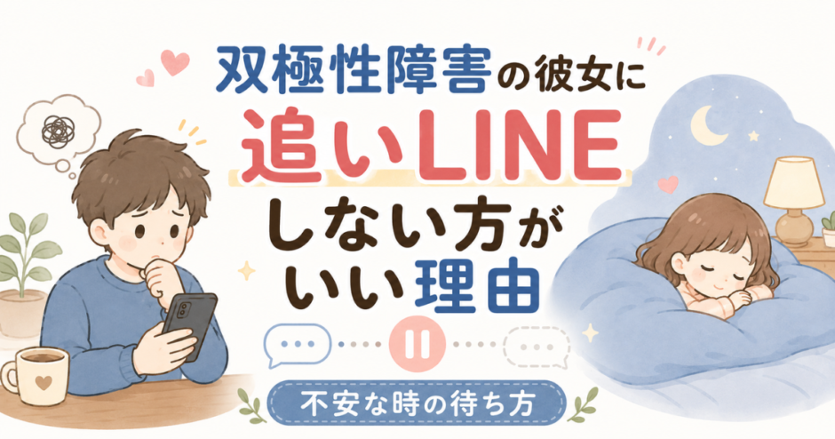 スマホを見ながら追いLINEを送るか迷う男性と、布団で休んでいる女性を描いた、双極性障害の彼女へのLINE対応を表すアイキャッチ画像