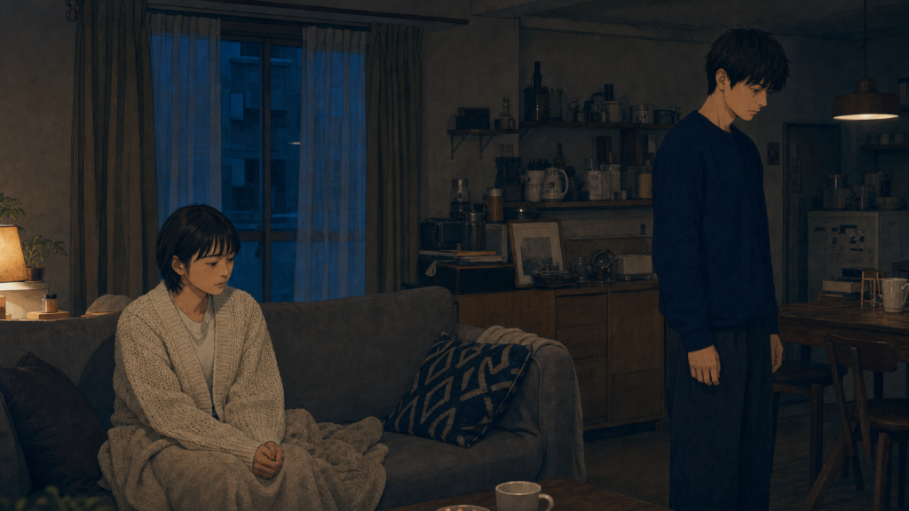 重い空気の中で向かい合いながらも視線を合わせられない男女を描いた映画風の実写画像