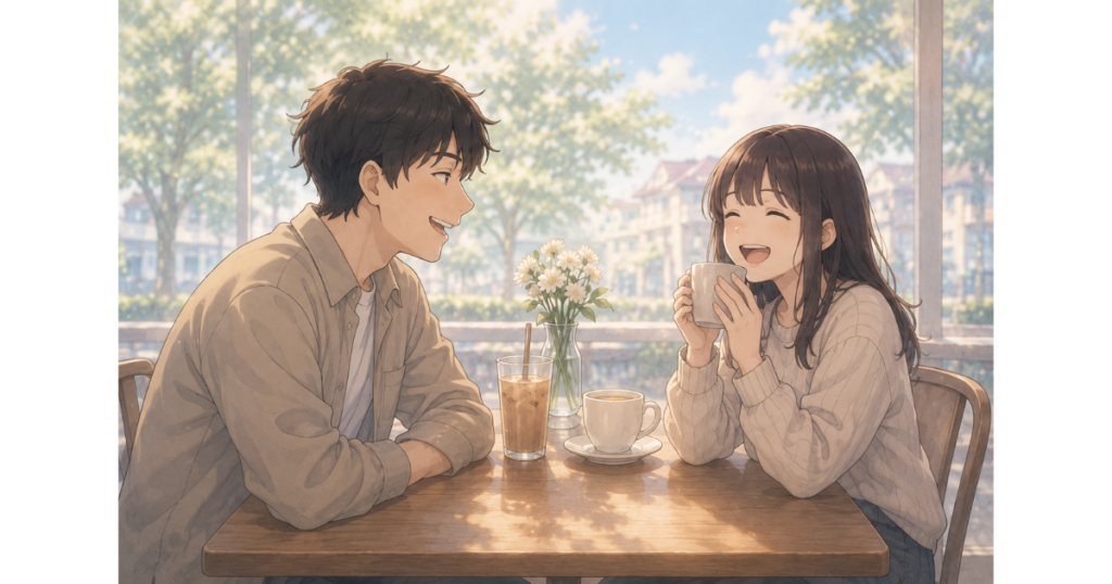明るい昼間のカフェで、向かい合って笑顔で会話を楽しむ男女を描いたイラスト。