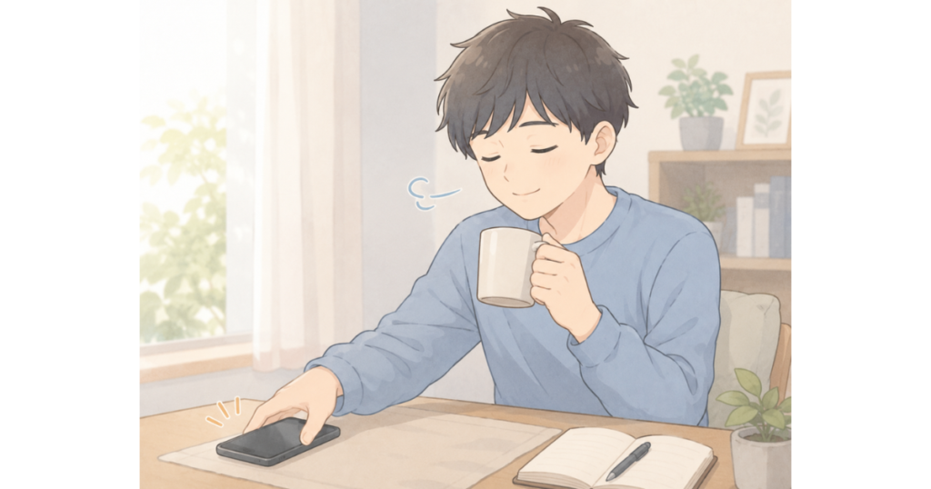 彼女のSNSを見続けるのをやめ、スマホを置いて自分の心を落ち着けようとしている男性の挿絵