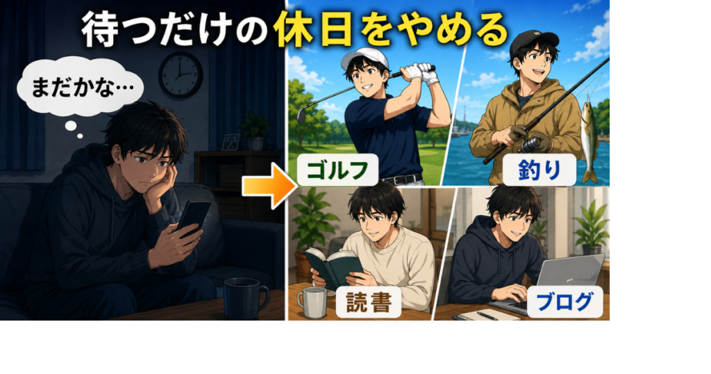 スマートフォンの連絡を待って落ち込む男性と、ゴルフや釣り、読書やブログを楽しむ男性の比較