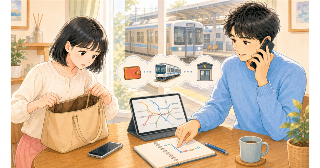 落とした財布について鉄道会社や警察へ問い合わせるカップル
