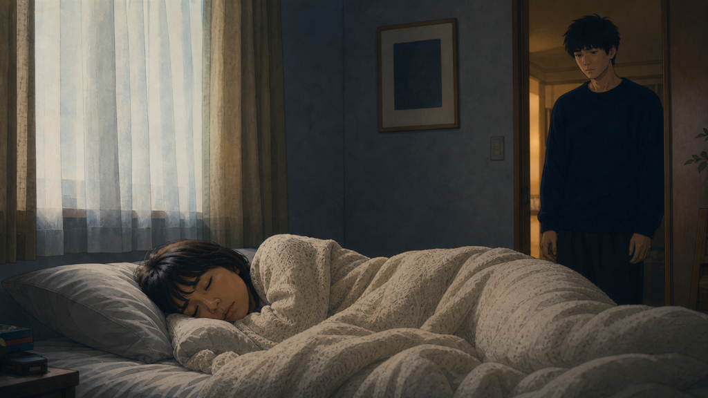 カーテン越しの光が差す部屋で、長く眠っている女性を描いた映画風の実写画像