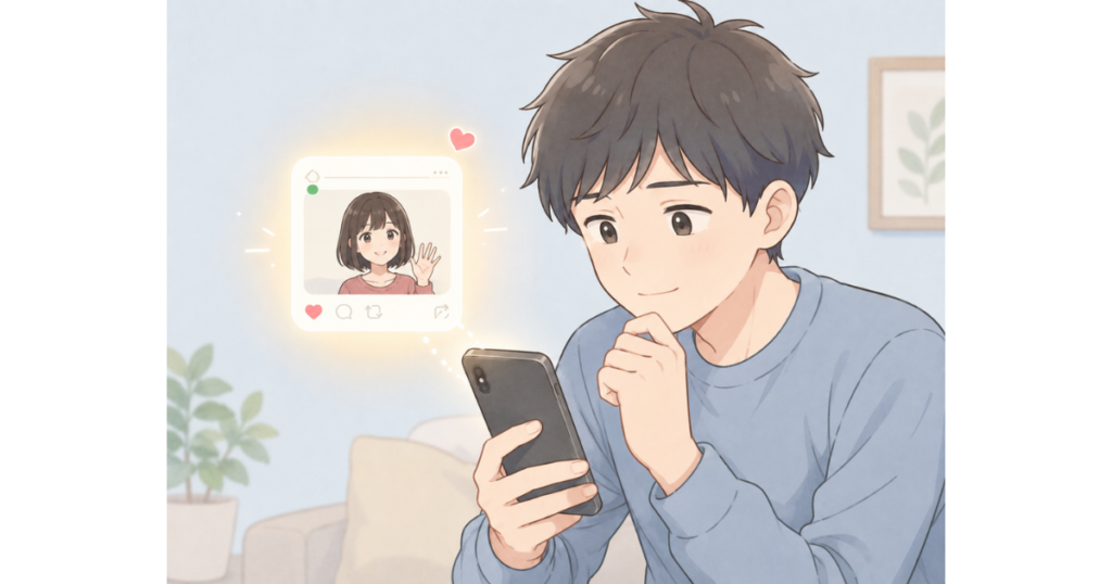 双極性障害の彼女のSNS更新を見て、無事でいることを確認し少し安心する男性の挿絵
