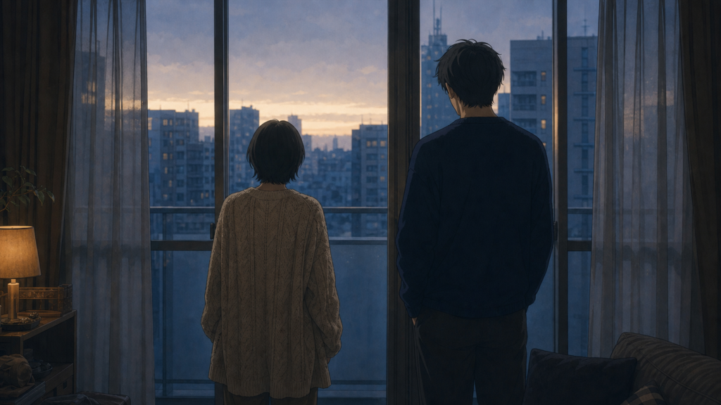 静かな朝の光の中で、余韻を感じさせる男女の後ろ姿を描いた映画風の実写画像
