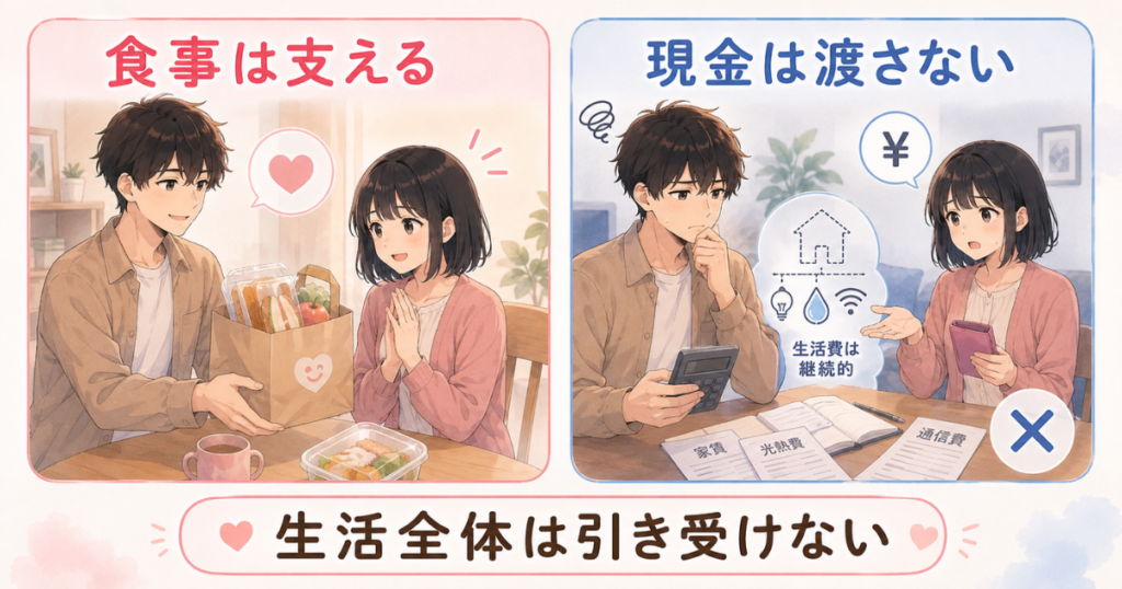 双極性障害の彼女へ食事は届けても、現金や生活費は肩代わりしない支え方の図解