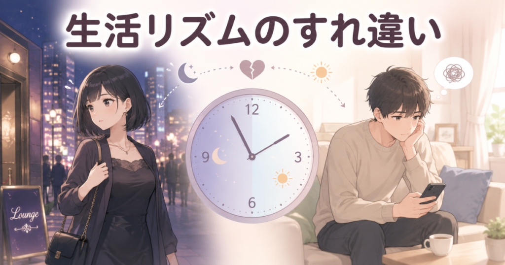 夜の街へ仕事に向かう女性と、昼間の自宅でスマートフォンを見ながら寂しそうに待つ男性