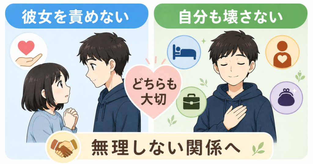 双極性障害の彼女を責めずに理解しながら、支える男性も自分の心と生活を守る様子