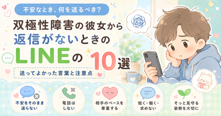 双極性障害の彼女から返信がないときのLINEの返し方10選を紹介するアイキャッチ画像