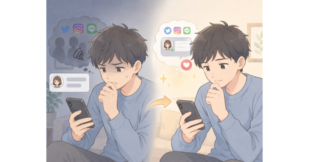 彼女のSNSを見ることが不安から安否確認へ変わっていく男性の心境を表した挿絵