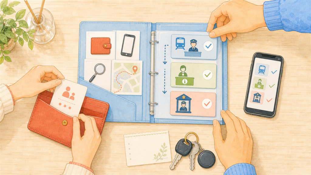 財布やスマホを紛失したときの連絡先と確認手順を二人で準備する様子