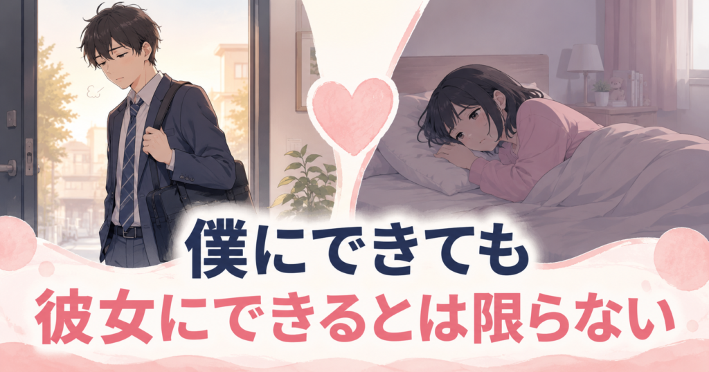 会社へ向かう男性と、うつ状態でベッドから起き上がれない女性