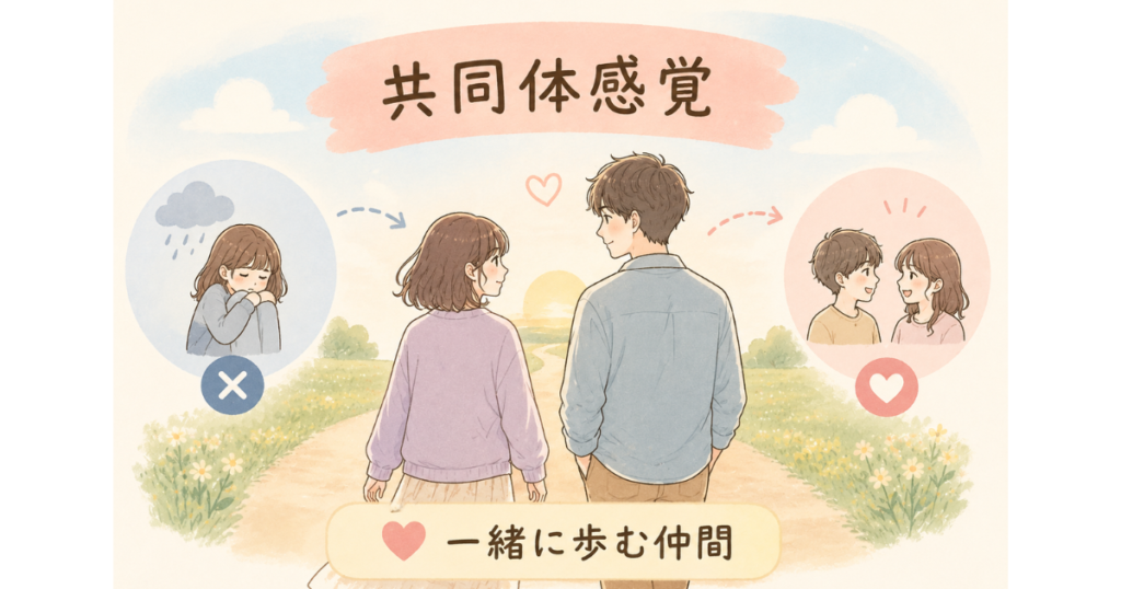 草花の咲く道を、男女が並んで歩いているやさしい雰囲気の挿絵。上部に「共同体感覚」、下部に「一緒に歩む仲間」と書かれ、孤独ではなくつながりを感じる様子が表現されている。